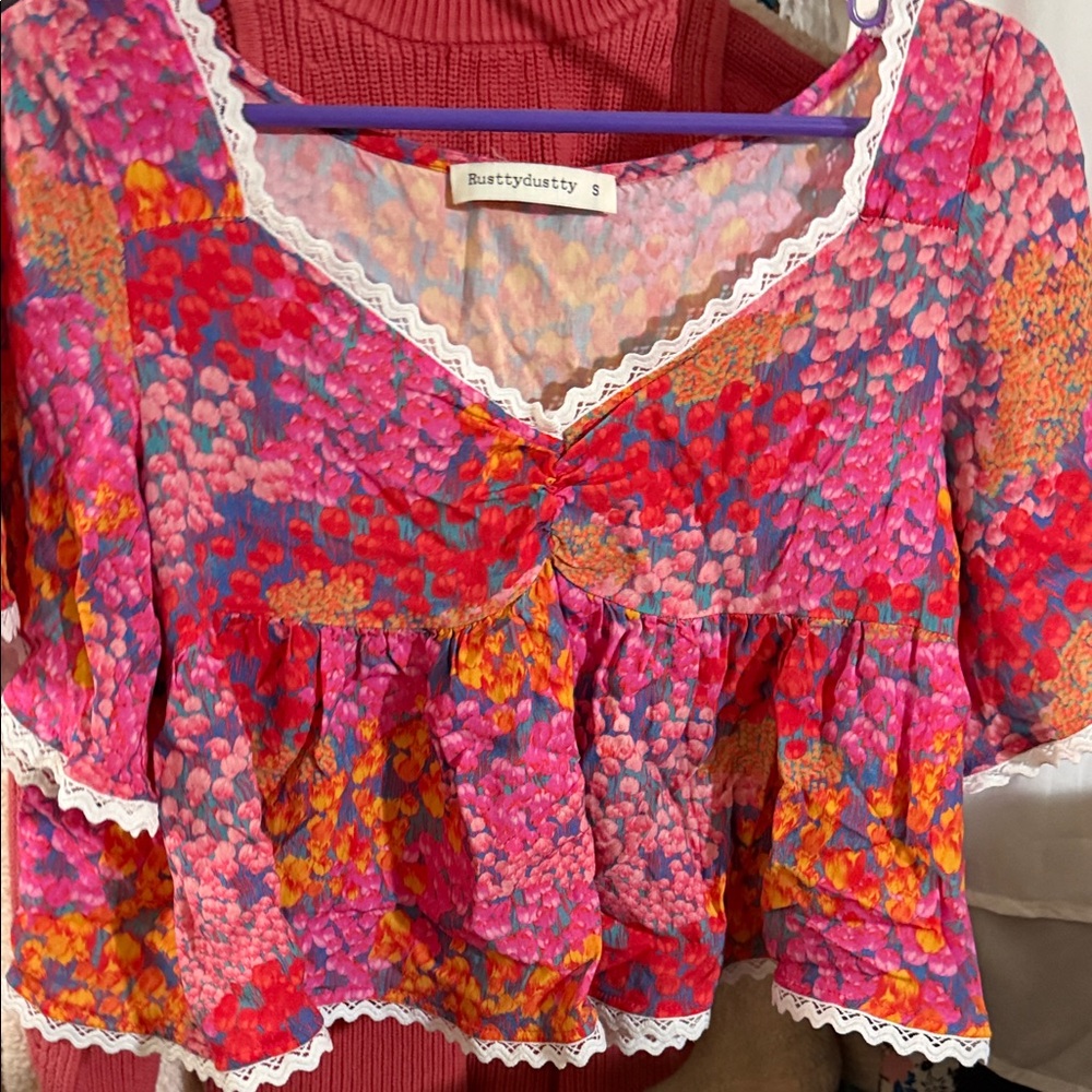 Burstydusty Floral Blouse - Vibrant Pink and Orange